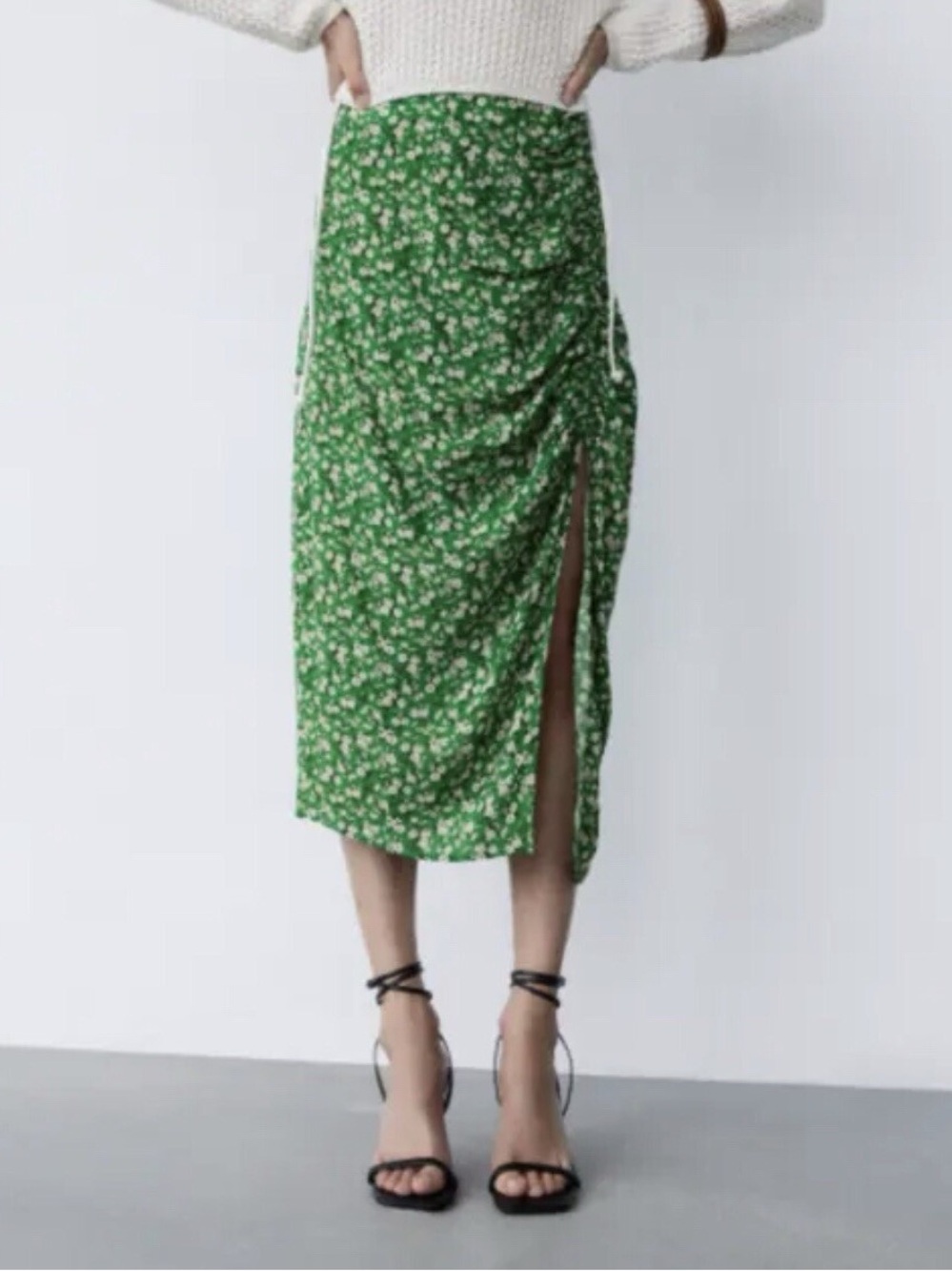 Zara Green Floral Midi Skirt with Ruched Side and High Slit